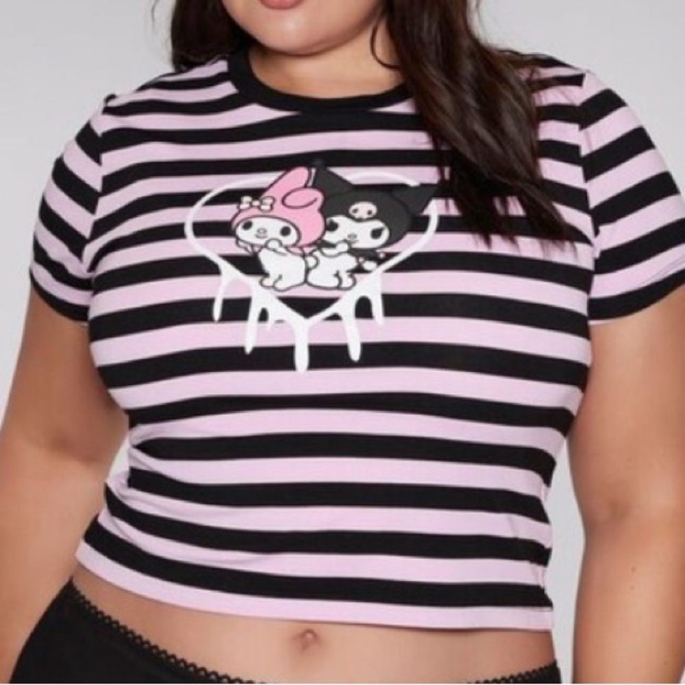 Forever 21 My Melody and Kuromi Black and Pink Striped Crop Top
